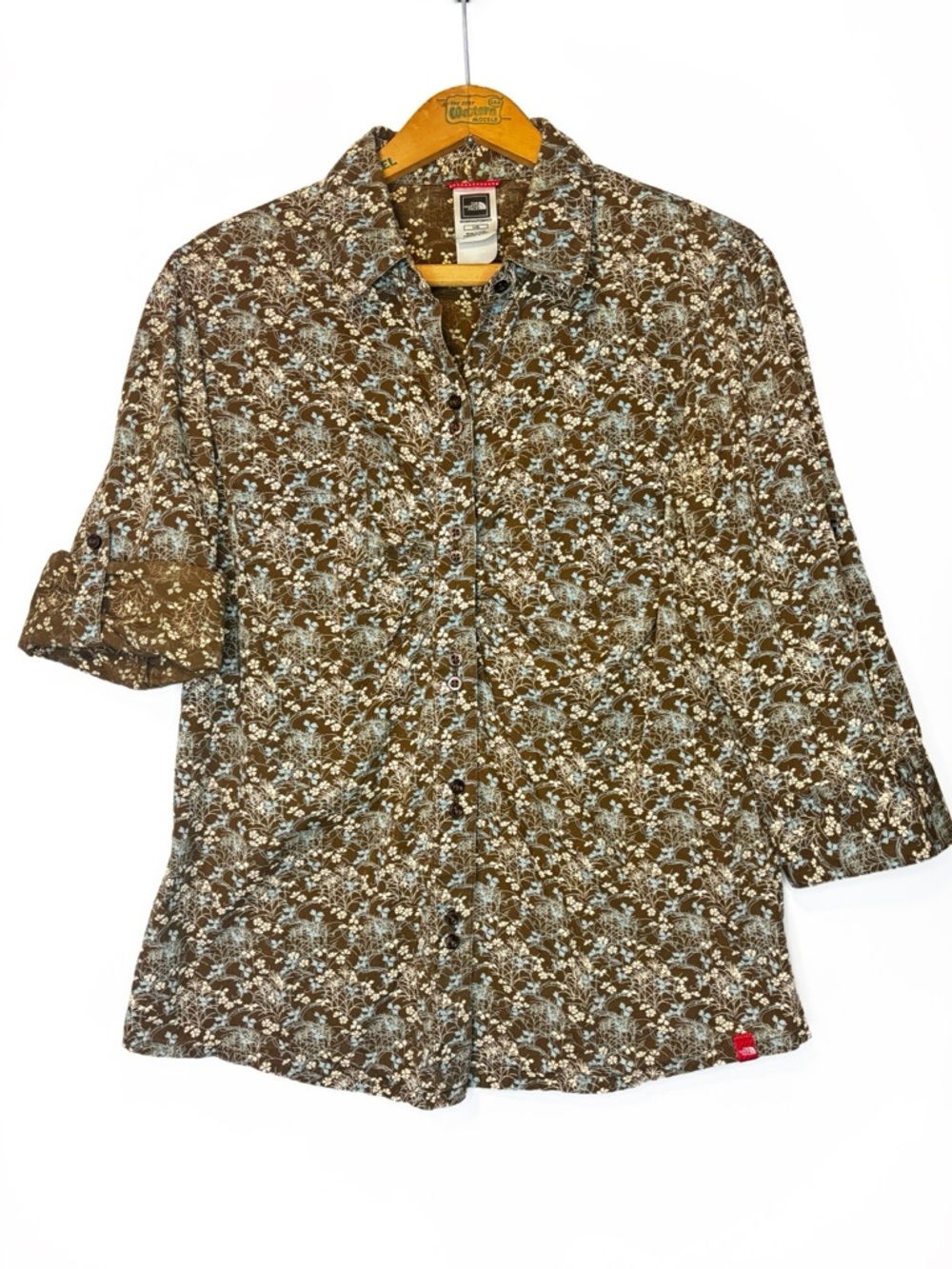 Brown North Face Blue and Cream Floral Cotton Roll Tab Sleeve Blouse -L-